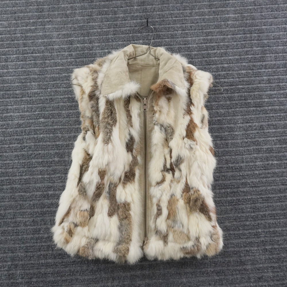 Vintage Y2K Gi & Jo Rabbit Fur Vest Womens 2 Cream Tan Patchwork Full Zip Indie